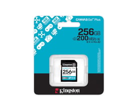 Kingston Canvas Go Plus Gen4 SDXC-hukommelseskort på 256 GB ses i turkis og sort emballage.