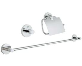 Grohe Essentials 3-i-1 tilbehørssæt i krom, bestående af 600mm håndklædeholder, krog og toiletpapirholder på væg.