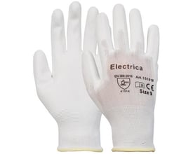 Et par hvide Electrica 810 arbejdshandsker i størrelse 9, vist forfra med logo og certificeringstryk.