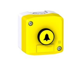 Schneider Electric Harmony XALF trykknapkasse i grå og gul med planforsænket gul trykknap mærket med en sort klokke og hvid baggrund.