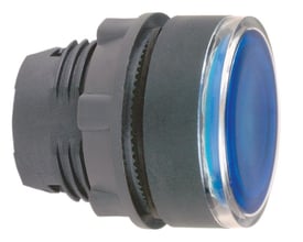 Tættere på Schneider Electric lampetrykshoved i blå, plan design med 22mm diameter og integreret LED.