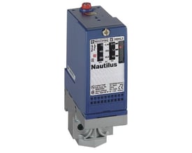 Schneider Electric pressostat XMLA300D2S11 med blåt hus, rødt justeringshjul og tydeligt display, der viser trykindstillinger.