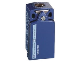 Schneider Electric ZCD25-endestop med NO+NC-kontakter og blå metalkrop, set tæt på skråt forfra.