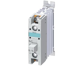 Siemens 3RF2 solid-state kontaktor med 10A strøm, 48-460V AC og 24V DC styring, vist i profil med tydelige mærkater.