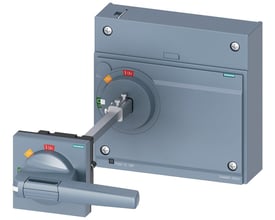 Siemens drejegreb 3VA9 med tilhørende afbryder til 3VA15/25/26, vist med betjeningsarmen monteret og vist i 'ON'-position.