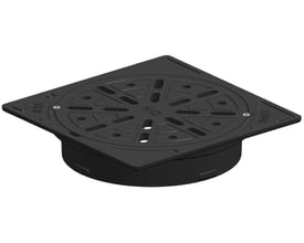 NID firkantet karm/rist i sort komposit med rund rist, set skråt ovenfra; fast model på 315 mm med skruer.