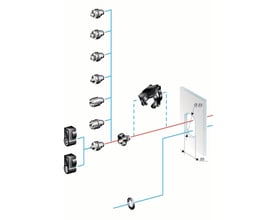 Illustration af Schneider Electric lås uden nøgle NSYTHPLM og tilbehør, viser montering med rørdimensioner og krydskompatibilitet.