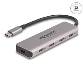 Nærbillede af Delock USB Type-C hub med fire 5 Gbps USB-C porte og en USB-C port til strømforsyning, vist i grå metal.