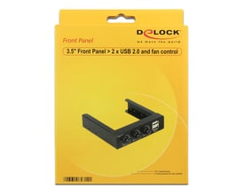 Emballage til DeLock 3.5" frontpanel med USB og blæserkontrol, vist på en gul baggrund med produktillustration.
