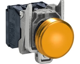 Schneider Electric signallampe XB4BV65 i orange med robust metalhus og tilslutningsmodul på bagsiden.