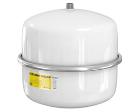 Flamco Flexcon Solar ekspansionsbeholder på 25 liter i hvid stål med tydelig mærkat, der angiver tekniske specifikationer.