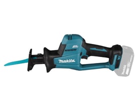 Makita 18V bajonetsav DJR189Z med tilkoblet 18V batteri og savblad, fremhæver kulfri motorteknologi.