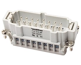 Procon B-hanstikindsats med 16 poler, 16 A og 500 V, set skråt ovenfra med synlige kontaktstifter og skrueklemmer.