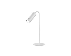 Hvid, opladelig 3-i-1 LED-lampe med cylindrisk lampehoved, buet arm og rund fod, set forfra.