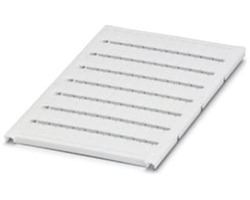 Nærbillede af et ark med Phoenix Contact UC1-TM 6 mærkeskilte, der viser riller til 6mm klemmer.