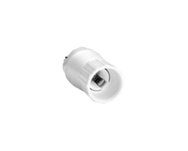 Hvid G24D til E14-adapter til 230 V, set skråt med E14-fatningens åbning vendt fremad.