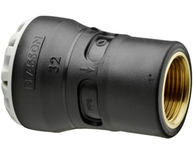 Plasson overgang med muffe i sort PP og messing, 40 mm x 1" indvendigt gevind, PN16, med synlig modelkode 32.