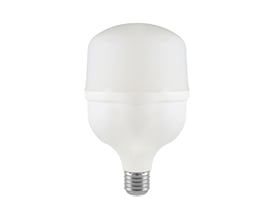 V-TAC T100 LED pære i hvid plastik med E27 fatning, isoleret på hvid baggrund.