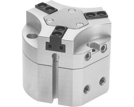 Festo trepunktgriber HGDT-25-A-G1 i aluminium med sorte gribeklærmonteringselementer og synlige skruehuller.