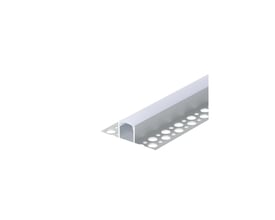 Aluprofil til klinker og fliser i aluminium med mælkehvidt cover, set skråt med perforeret monteringsflange.