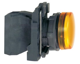 Sidevisning af Schneider Electric XB5 signallampe, der viser den sorte monteringsbase og den orange LED-linse med gevind.