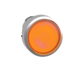 Detaljeret billede af Schneider Electric lampetrykhoved, viser den runde, orange lysende front og metalringen, Ø22 mm.