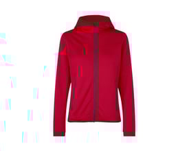 ID Identity dame cardigan i rød, størrelse S, med hætte, YKK lynlås og grå detaljer på hvid baggrund.