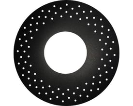 Skoventil gummimembran til koblingsdåser, sort og rund med et hvidt cirkulært hul i midten og små hvide prikker langs kanten.