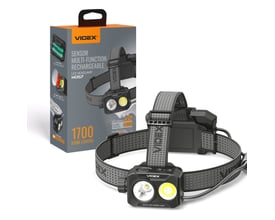 Videx LED-pandelampe med to lysfelter og elastisk rem ved siden af emballagen, angivet til 1700 lumen.