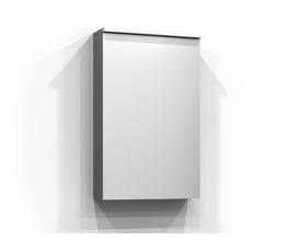 Svedbergs Bloc gråt spejlskab med LED-belysning og to hylder, set let fra siden med spejllåge og lysliste øverst.