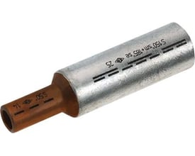 Elpress bimetal pressemuffe i profilform med tydelig mærkning af kobber- og aluminiumsdiametre.