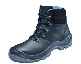 Atlas XP 505 sikkerhedsstøvle i sort læder med blå snørebånd og Atlas logo, str. 42, præsenteret på hvid baggrund.