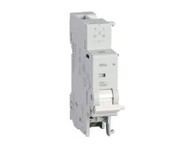 Schneider Electric underspændingsspole M9 MNx til 400VAC, hvid plast med mærkningsdetaljer og en vippekontakt foran.