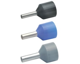 Klauke isolerede terminalrør til 4 mm² ledere i grå, blå og mørkegrå farver, fremstillet af polypropylen og galvaniseret kobber.