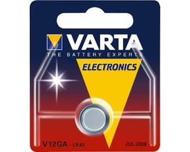 Varta V12GA/LR43 alkaline-knapcellebatteri på 1,5 V ses på sin røde og blå emballage.
