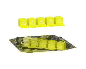 Topvisning af gule Schneider Electric Acti 9 PIN-afdækninger med advarselssymboler, pakket i en pose.