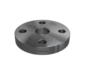 Computergenereret billede af Indura planflange 26,9 mm i metal med synligt Indura logo og fire bolthuller.