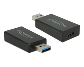 Delock USB 3.1 Gen 2 adapter med sort design, der konverterer USB-A han til USB-C hun med 10 Gbps hastighed.