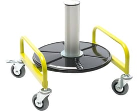 Afruller for ringe Vario Slim med sort plade, gul ramme og fire hjul, inklusive et låsbart hjulsæt.