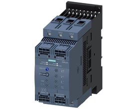 Siemens SIRIUS softstarter S3, 80A, 45kW med fjederterminaler og blå reset-knap. Produktet er mørkeblåt og gråt med tydelige mærkninger og tilslutningsporte.