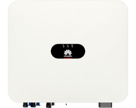 Hvid Huawei SUN2000-5K-LB0 hybrid solcelleinverter set forfra med sort Huawei-logo og tilslutninger langs underkanten.