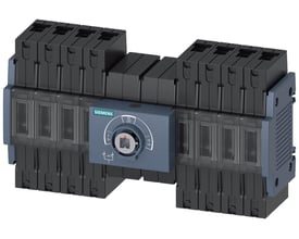 Siemens SENTRON 3KC overførselskontakt, manuelt betjent MTSE, størrelse 1, 4-polet, 63A, 415V, vist frontalt med mærket og betjeningsskiven.