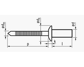 Tegning af MFX blindnitte 3,2x8 mm i rustfri/rustfri A2 med rundhoved og mål.
