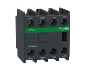 Schneider Electric hjælpeblok LADN40 med 4 slutte kontakter (4NO), sort design med grøn stribe og TeSys logo.