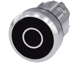 Siemens 22mm rund trykknap i sort metal med ring-formet mærke, robust design til industrielt brug.