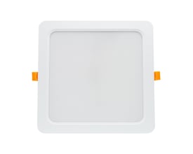 SpectrumLED 24 W LED-indbygningspanel i hvid med kvadratisk front og orange monteringsclips, set forfra.