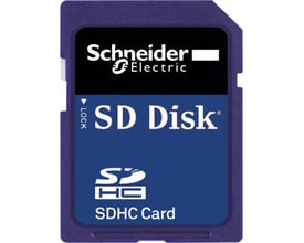 Schneider Electric 256 MB SDHC hukommelseskort til M2XX PLC'er med tydeligt logo og SD Disk mærke.