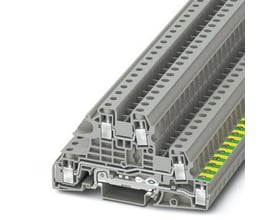 Phoenix Contact UTI 6-PE/L/L INSTAL jordklemme med grå plastik og grøn/gul markering, vist i et diagonalt snit.