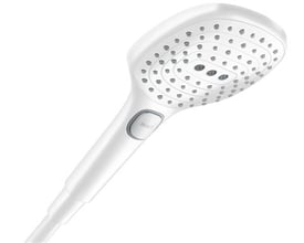 Hansgrohe Raindance Select E 120 håndbruser i mat hvid med tre strålefunktioner og en tydelig Select-knap.