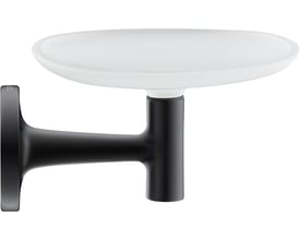 Stilren Duravit Starck T sæbeskål i sort mat, der viser skålens 140x119mm dimensioner og matte finish.